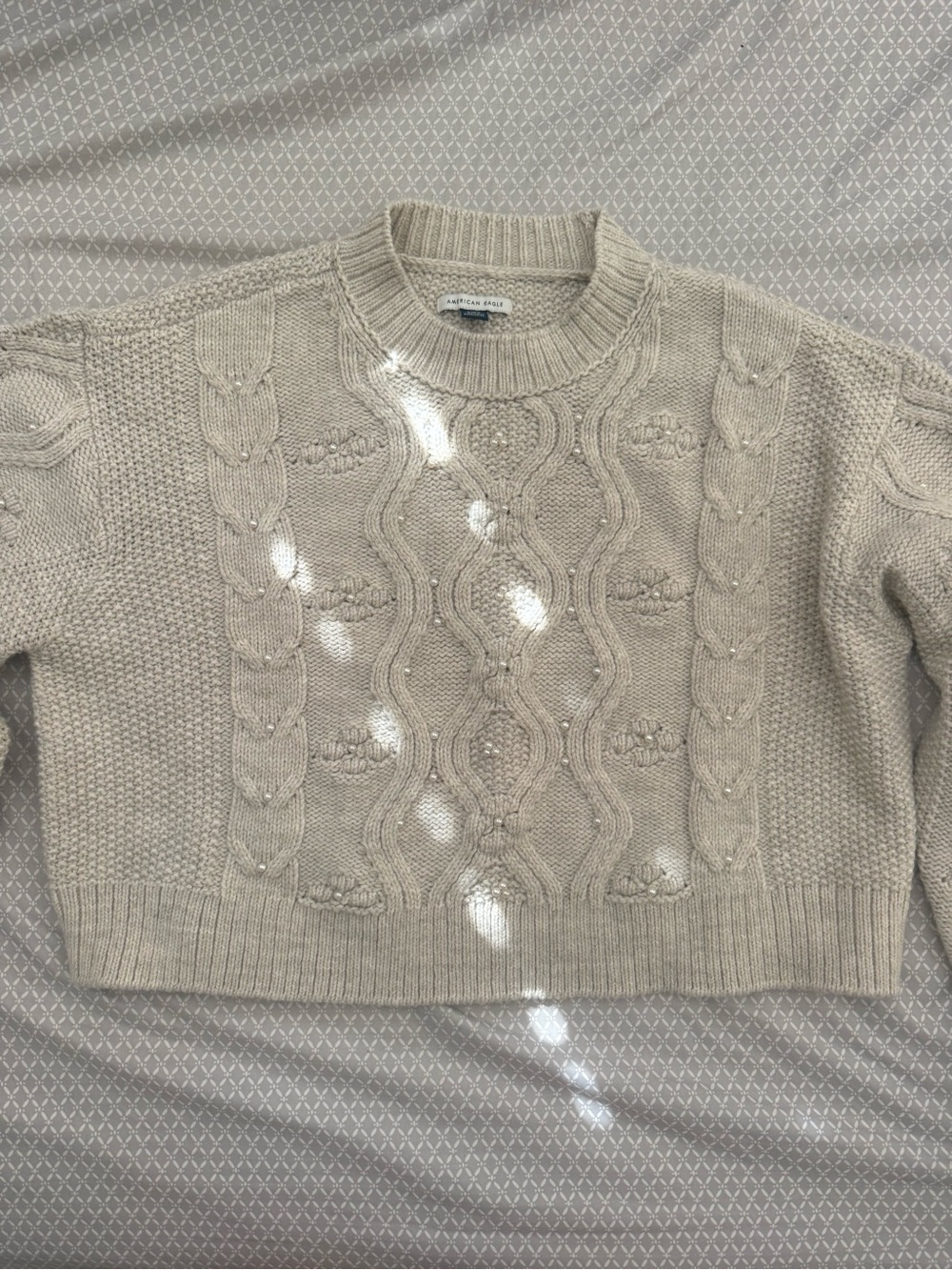 American Eagle Beige Pearl-Embellished Cable Knit Sweater Size Medium